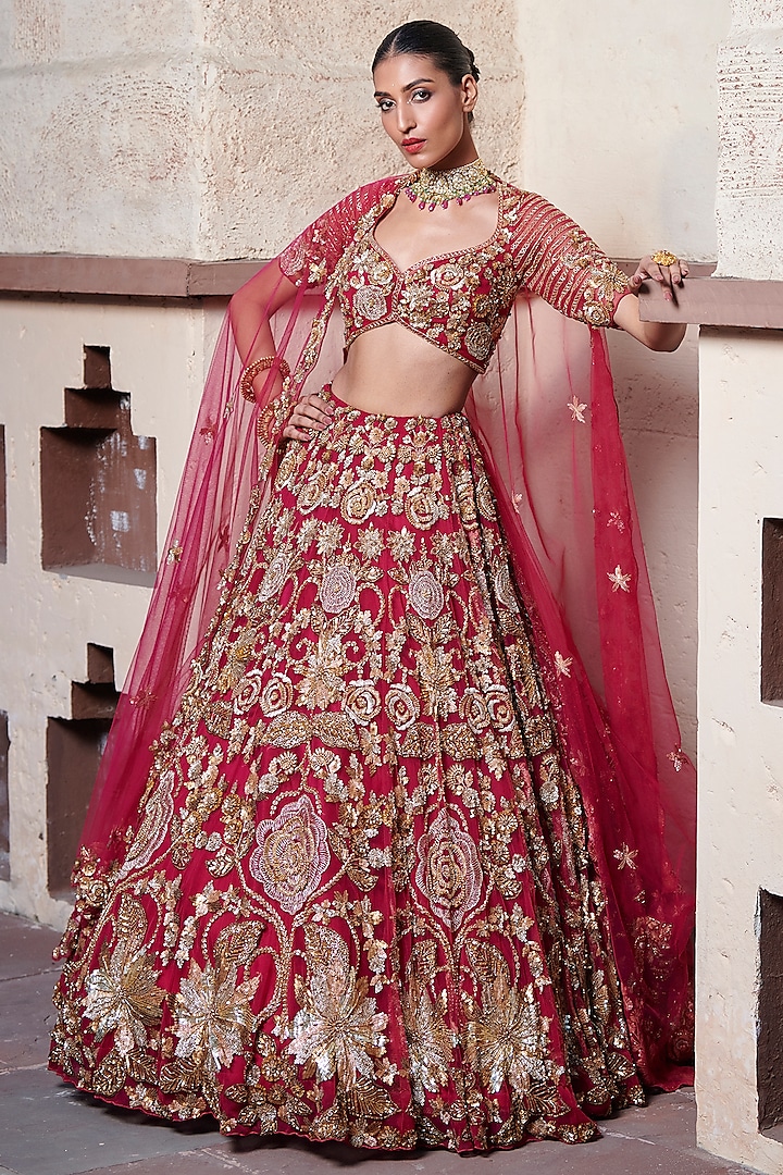 Magenta Pink & Gold Tulle Net Hand Embroidered Bridal Lehenga Set by OPUS ATELIER at Pernia's Pop Up Shop