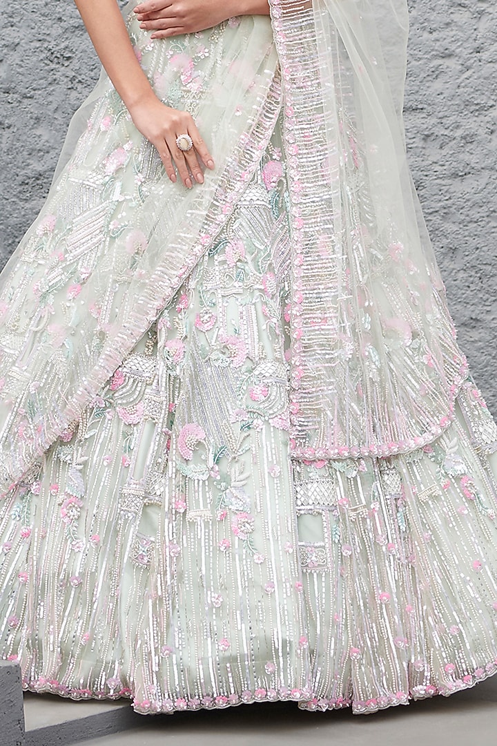Light Mint Green & Pink Tulle Net Hand Embroidered Bridal Lehenga Set by OPUS ATELIER at Pernia's Pop Up Shop