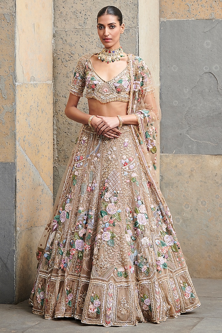 Gold & Multi-Colored Tulle Net Hand Embroidered Bridal Lehenga Set by OPUS ATELIER at Pernia's Pop Up Shop