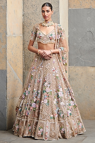 Gold & Multi-Colored Tulle Net Hand Embroidered Lehenga Set by OPUS ATELIER
