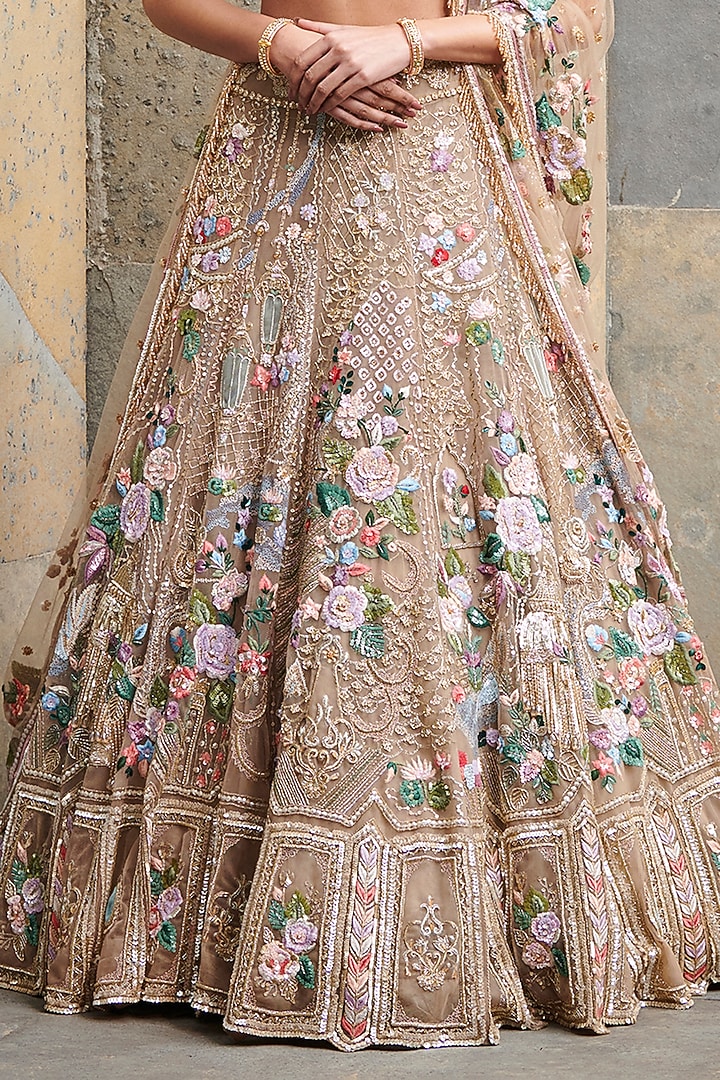 Gold & Multi-Colored Tulle Net Hand Embroidered Bridal Lehenga Set by OPUS ATELIER at Pernia's Pop Up Shop