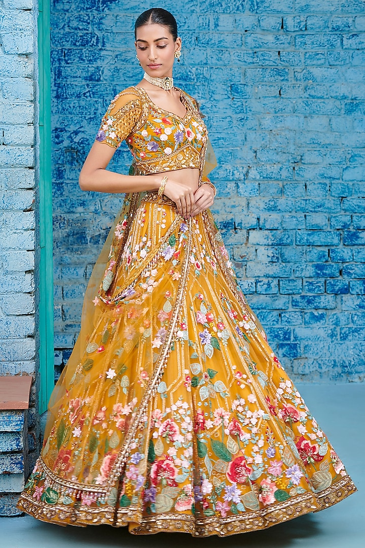 Yellow & Multi-Colored Tulle Net Hand Embroidered Bridal Lehenga Set by OPUS ATELIER at Pernia's Pop Up Shop