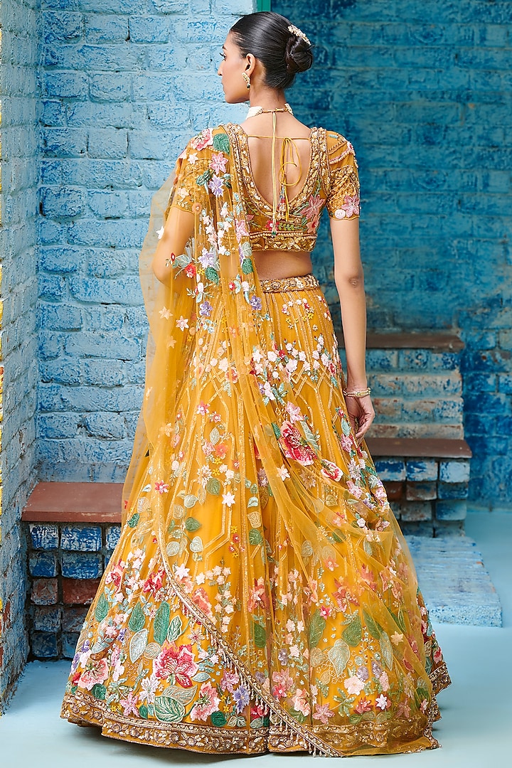 Yellow & Multi-Colored Tulle Net Hand Embroidered Bridal Lehenga Set by OPUS ATELIER at Pernia's Pop Up Shop