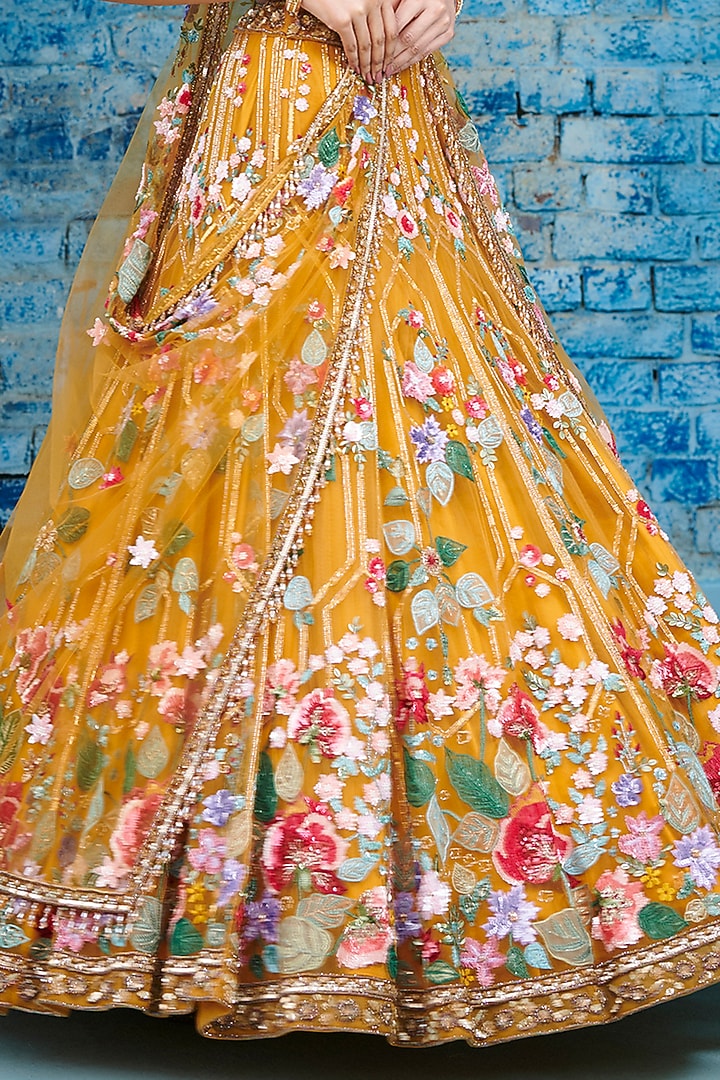 Yellow & Multi-Colored Tulle Net Hand Embroidered Bridal Lehenga Set by OPUS ATELIER at Pernia's Pop Up Shop