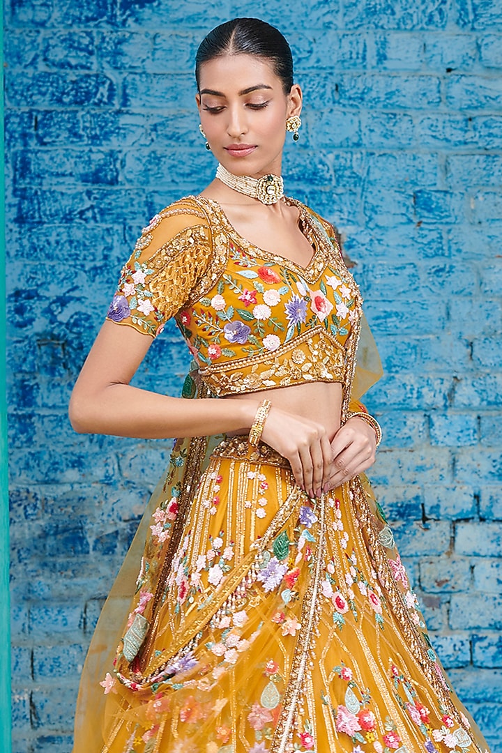 Yellow & Multi-Colored Tulle Net Hand Embroidered Bridal Lehenga Set by OPUS ATELIER at Pernia's Pop Up Shop