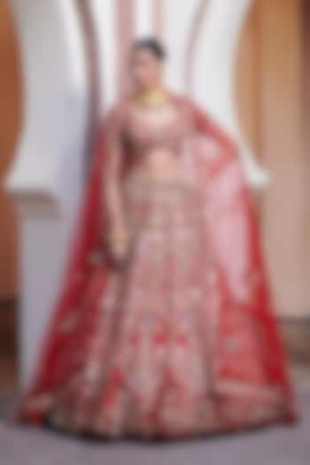 Red Tulle Net & Satin Hand Embroidered Bridal Lehenga Set by OPUS ATELIER at Pernia's Pop Up Shop