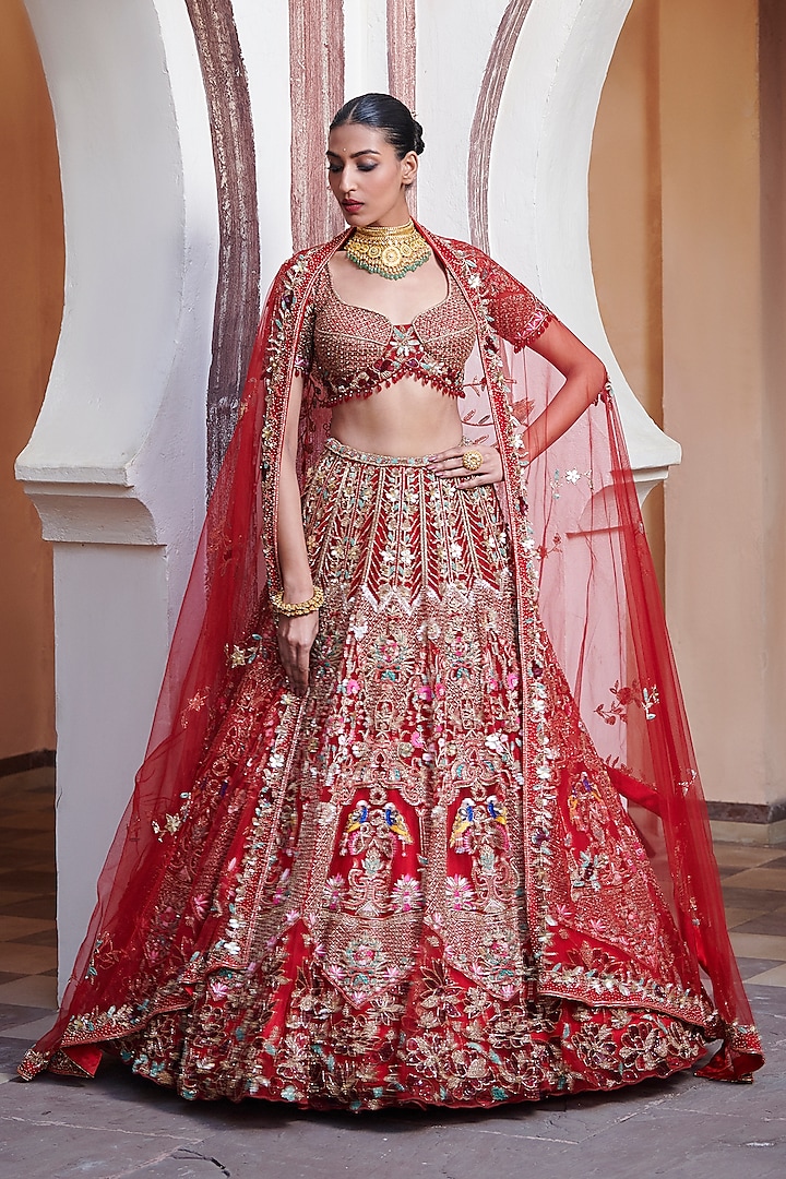 Red Tulle Net & Satin Hand Embroidered Bridal Lehenga Set by OPUS ATELIER at Pernia's Pop Up Shop