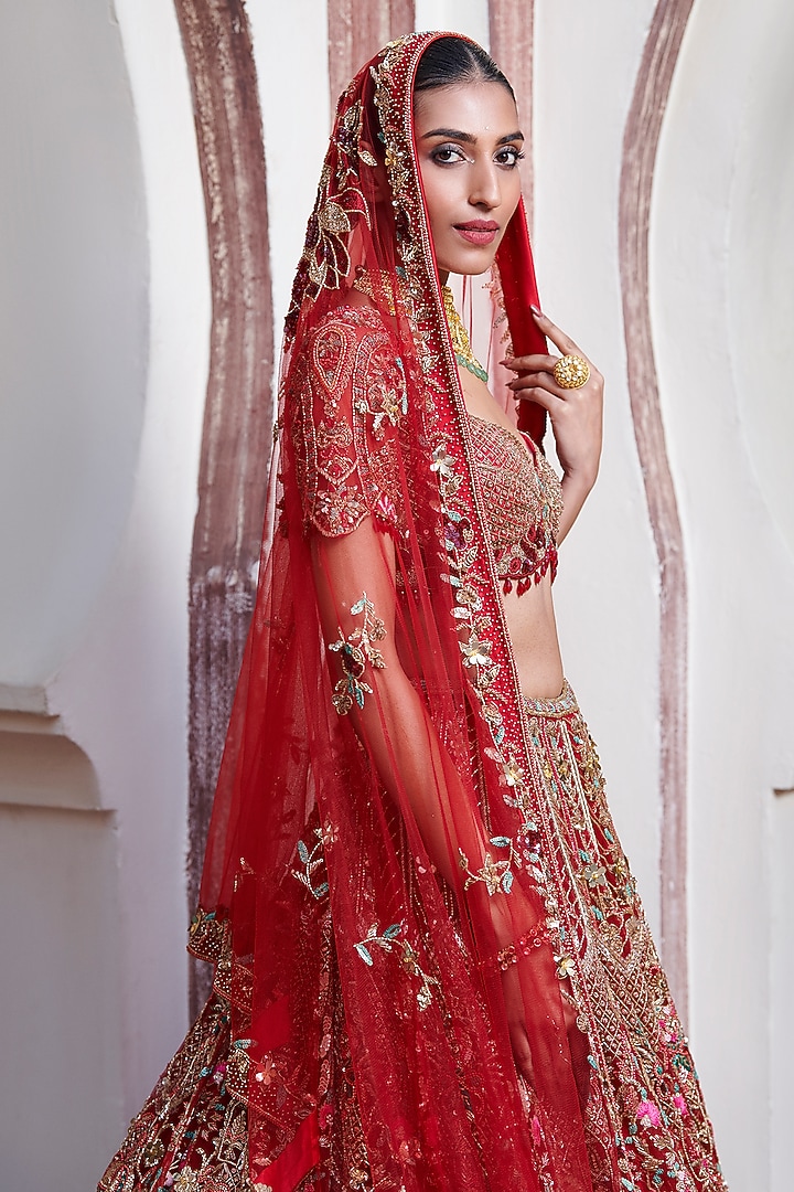 Red Tulle Net & Satin Hand Embroidered Bridal Lehenga Set by OPUS ATELIER at Pernia's Pop Up Shop