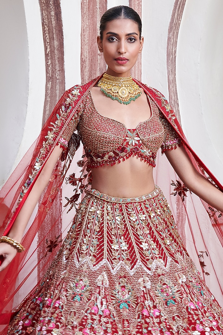 Red Tulle Net & Satin Hand Embroidered Bridal Lehenga Set by OPUS ATELIER at Pernia's Pop Up Shop