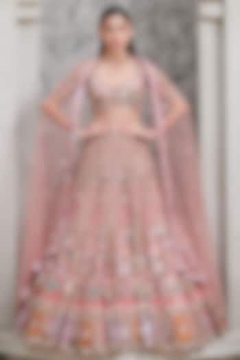 Peach Tulle Net & Satin Hand Embroidered Bridal Lehenga Set by OPUS ATELIER at Pernia's Pop Up Shop