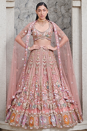 Peach Tulle Net & Satin Hand Embroidered Bridal Lehenga Set by OPUS ATELIER at Pernia's Pop Up Shop