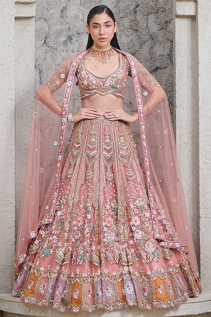 Peach Tulle Net & Satin Hand Embroidered Bridal Lehenga Set by OPUS ATELIER at Pernia's Pop Up Shop