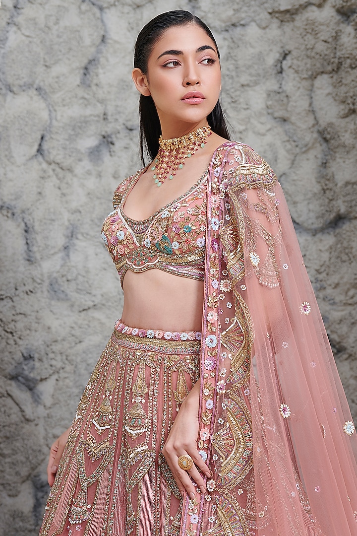 Peach Tulle Net & Satin Hand Embroidered Bridal Lehenga Set by OPUS ATELIER at Pernia's Pop Up Shop