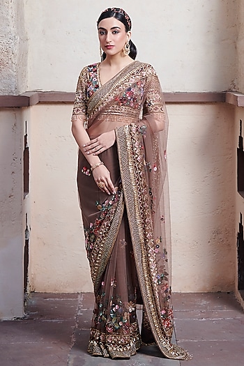 Brown Tulle Net & Crepe Hand Embroidered Reception Saree Set by OPUS ATELIER at Pernia's Pop Up Shop