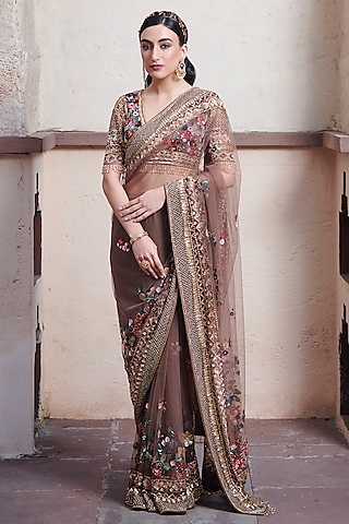 Brown Tulle Net & Crepe Hand Embroidered Saree Set by OPUS ATELIER
