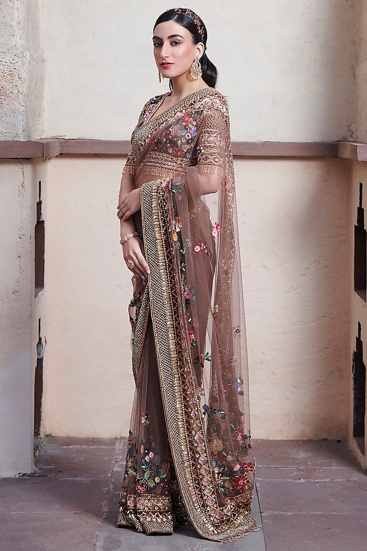 Brown Tulle Net & Crepe Hand Embroidered Reception Saree Set by OPUS ATELIER at Pernia's Pop Up Shop