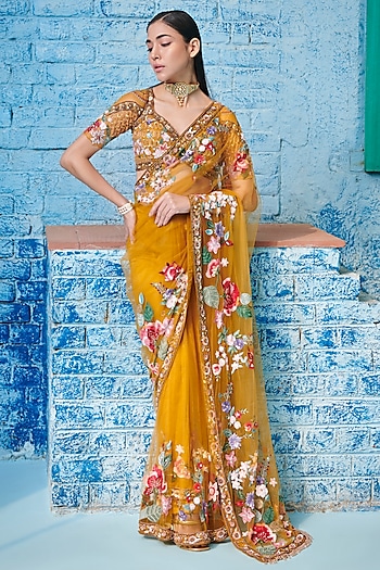 Yellow & Multi-Colored Tulle Net & Crepe Hand Embroidered Reception Saree Set by OPUS ATELIER at Pernia's Pop Up Shop