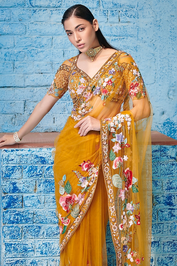 Yellow & Multi-Colored Tulle Net & Crepe Hand Embroidered Reception Saree Set by OPUS ATELIER at Pernia's Pop Up Shop