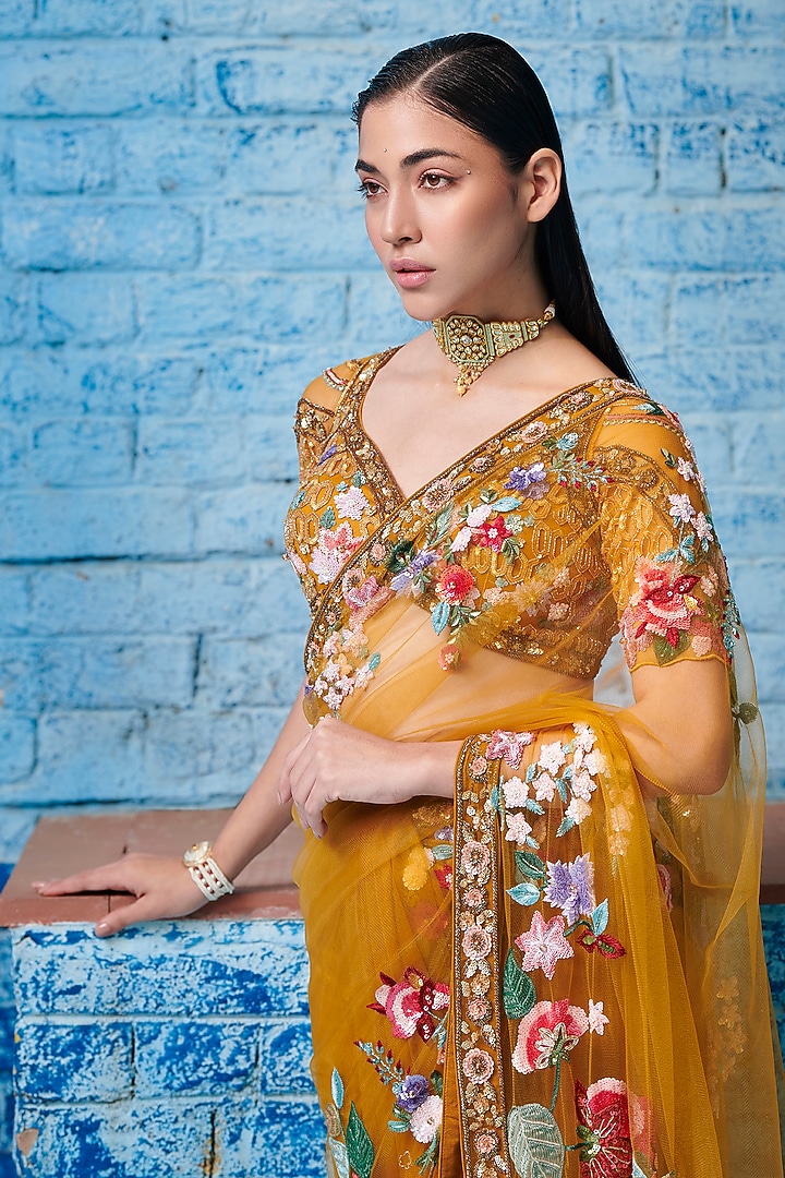 Yellow & Multi-Colored Tulle Net & Crepe Hand Embroidered Reception Saree Set by OPUS ATELIER at Pernia's Pop Up Shop