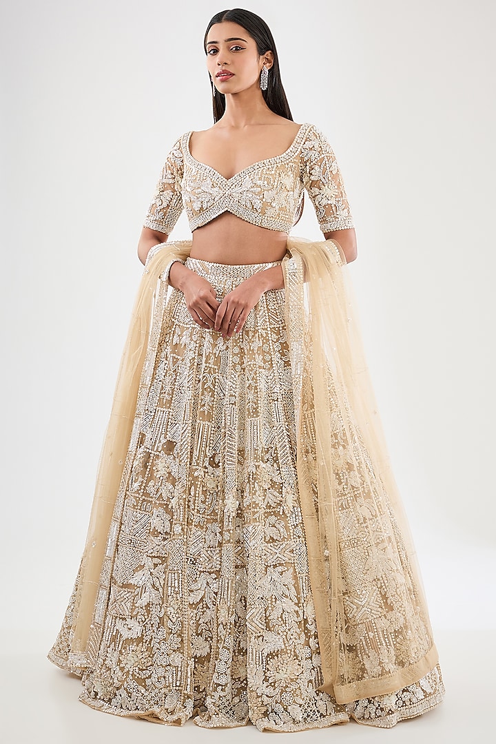 Beige & Ivory Tulle Net Hand Embroidered Bridal Lehenga Set by OPUS ATELIER at Pernia's Pop Up Shop