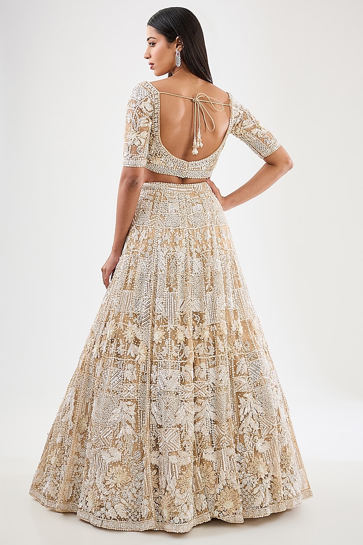 Beige & Ivory Tulle Net Hand Embroidered Bridal Lehenga Set by OPUS ATELIER at Pernia's Pop Up Shop
