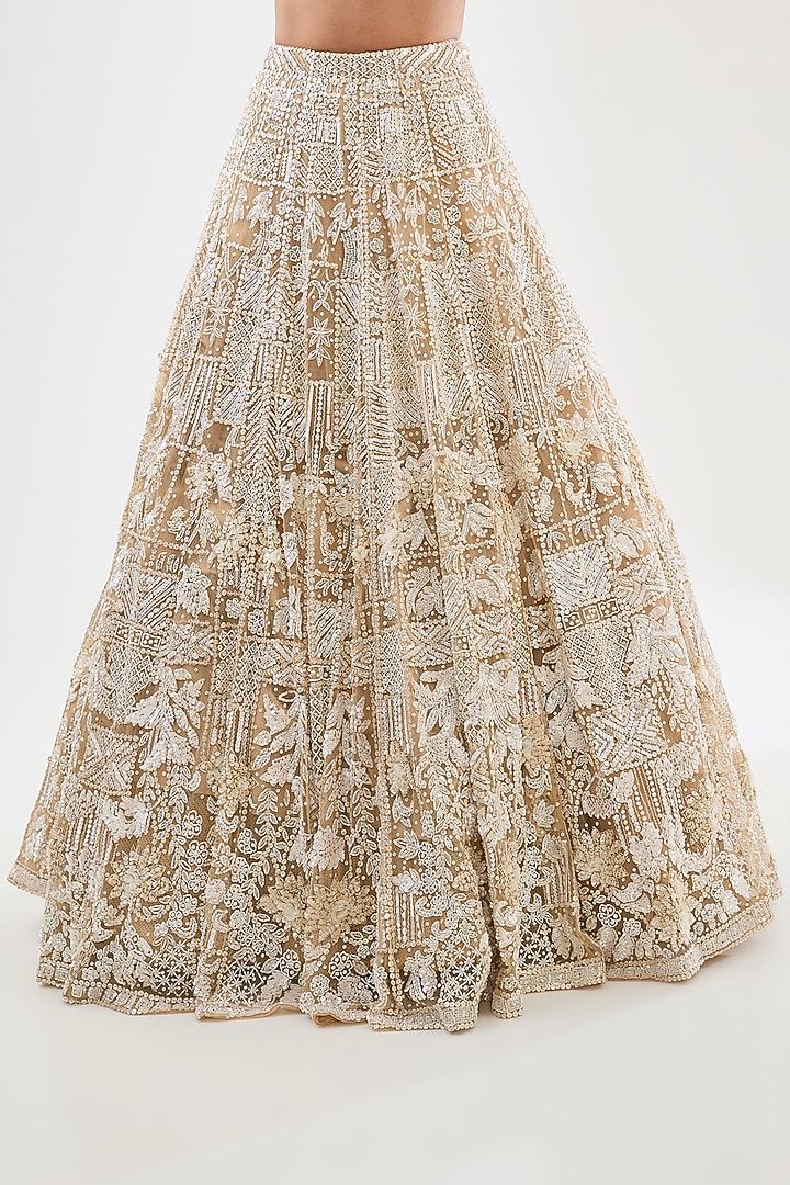 Beige & Ivory Tulle Net Hand Embroidered Bridal Lehenga Set by OPUS ATELIER at Pernia's Pop Up Shop