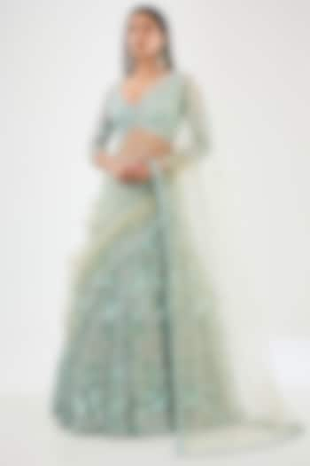 Green Tulle Net Hand Embroidered Bridal Lehenga Set by OPUS ATELIER at Pernia's Pop Up Shop