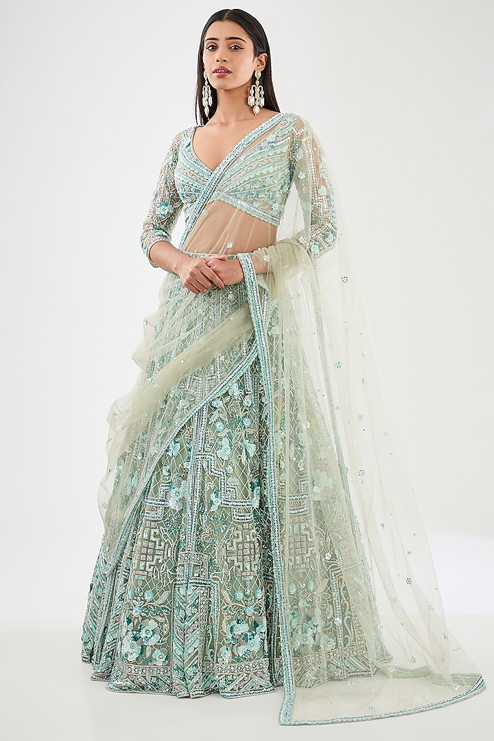 Green Tulle Net Hand Embroidered Bridal Lehenga Set by OPUS ATELIER at Pernia's Pop Up Shop