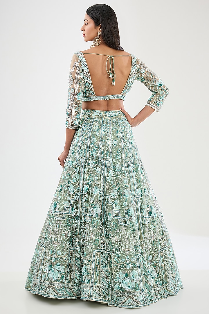 Green Tulle Net Hand Embroidered Bridal Lehenga Set by OPUS ATELIER at Pernia's Pop Up Shop
