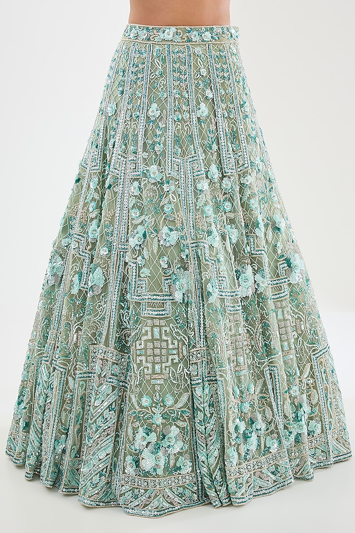 Green Tulle Net Hand Embroidered Bridal Lehenga Set by OPUS ATELIER at Pernia's Pop Up Shop