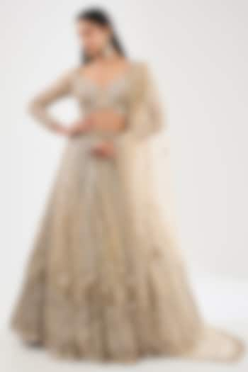 Champagne Gold Tulle Net Hand Embroidered Bridal Lehenga Set by OPUS ATELIER at Pernia's Pop Up Shop