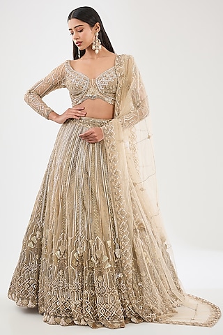 Champagne Gold Tulle Net Hand Embroidered Lehenga Set by OPUS ATELIER