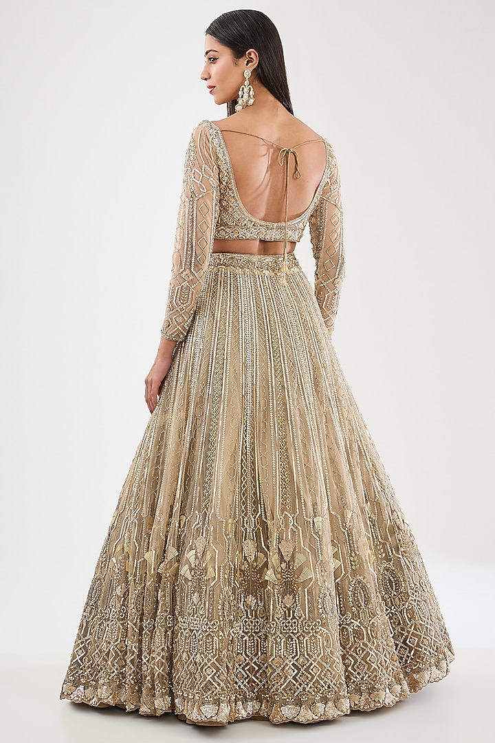 Champagne Gold Tulle Net Hand Embroidered Bridal Lehenga Set by OPUS ATELIER at Pernia's Pop Up Shop