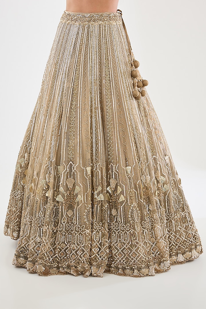 Champagne Gold Tulle Net Hand Embroidered Bridal Lehenga Set by OPUS ATELIER at Pernia's Pop Up Shop