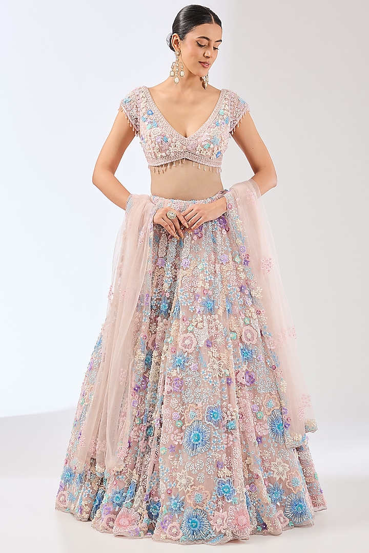 Pink Net Sequins & Glass Beads Hand Embroidered Bridal Lehenga Set by OPUS ATELIER at Pernia's Pop Up Shop