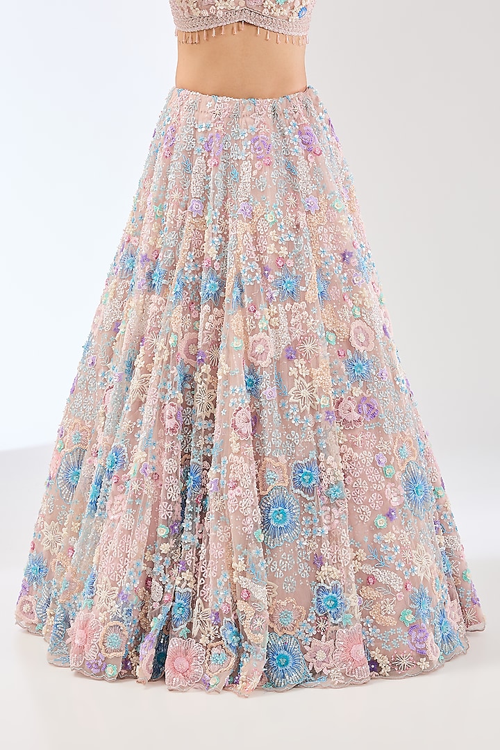 Pink Net Sequins & Glass Beads Hand Embroidered Bridal Lehenga Set by OPUS ATELIER at Pernia's Pop Up Shop