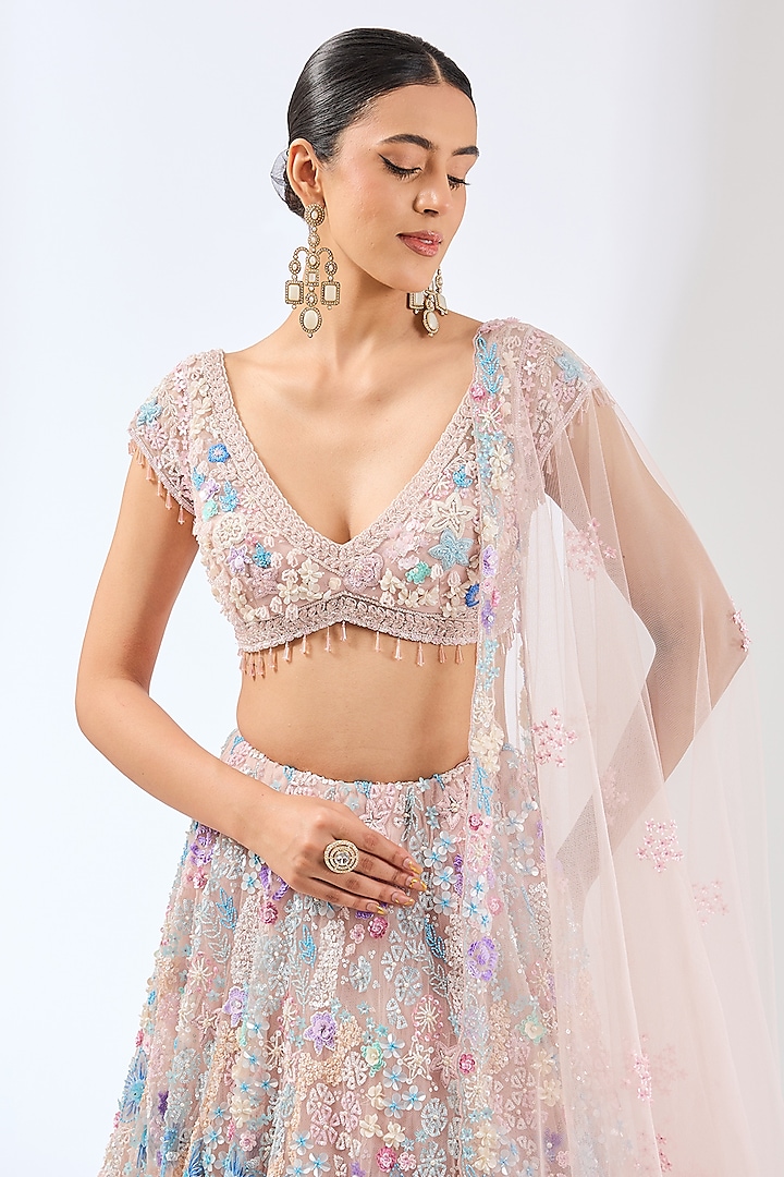 Pink Net Sequins & Glass Beads Hand Embroidered Bridal Lehenga Set by OPUS ATELIER at Pernia's Pop Up Shop