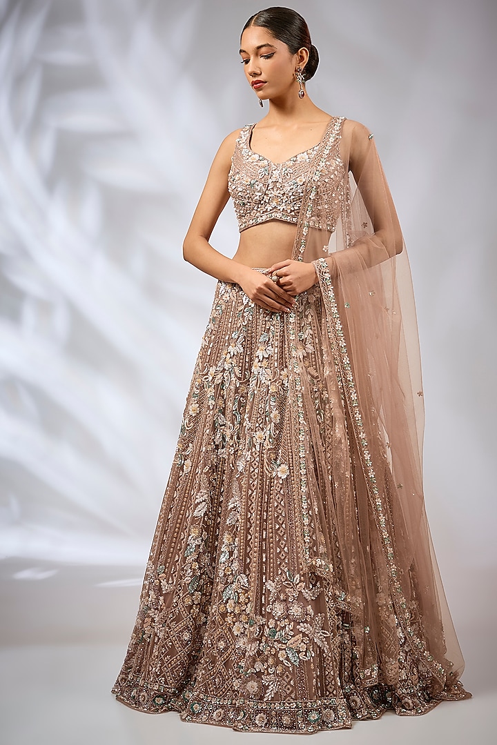 Onion Pink Tulle Net & Silk Hand Embroidered Bridal Lehenga Set by OPUS ATELIER at Pernia's Pop Up Shop