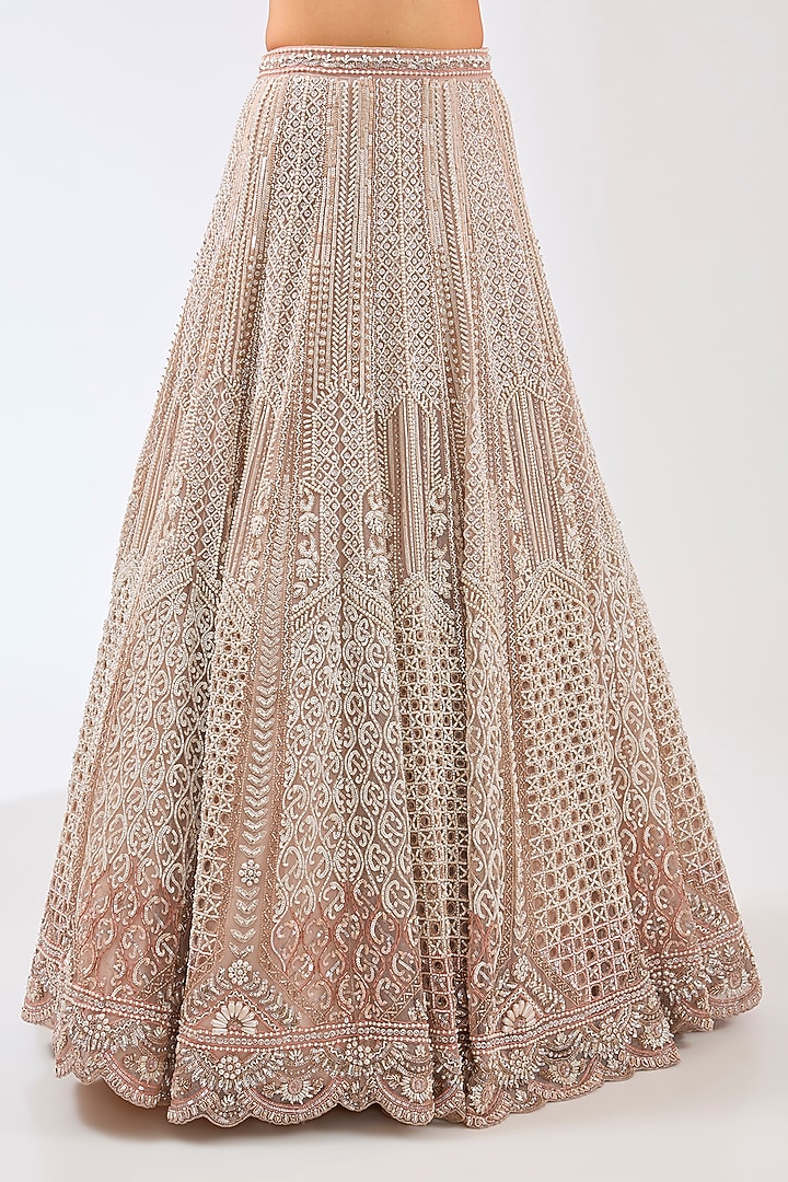Dull Pink Ombre Tulle Net Hand Embroidered Bridal Lehenga Set by OPUS ATELIER at Pernia's Pop Up Shop
