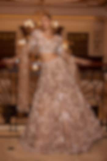 Soft Gold Tulle Net & Satin Hand Embroidered Bridal Lehenga Set by OPUS ATELIER at Pernia's Pop Up Shop