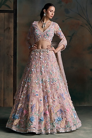 Pink Net Floral Embellished Bridal Lehenga Set by OPUS ATELIER
