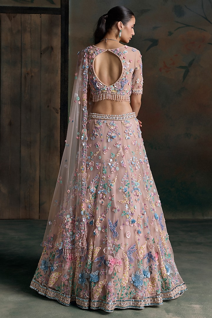 Pink Net Floral Embellished Bridal Bridal Lehenga Set by OPUS ATELIER at Pernia's Pop Up Shop