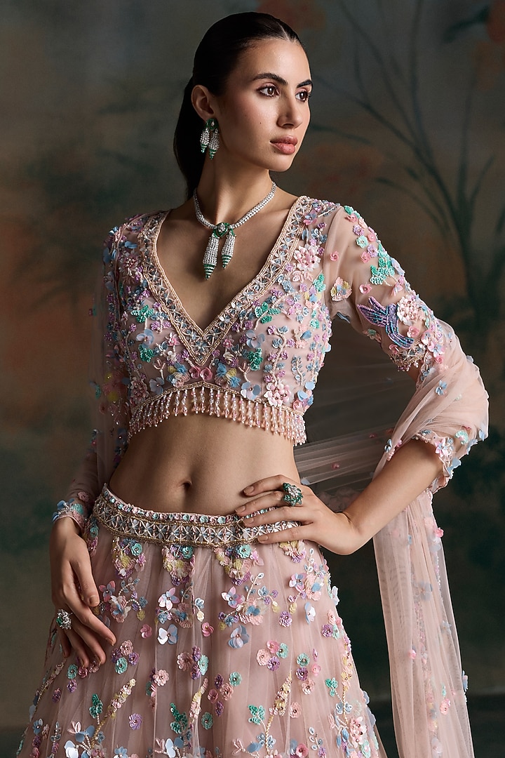 Pink Net Floral Embellished Bridal Bridal Lehenga Set by OPUS ATELIER at Pernia's Pop Up Shop