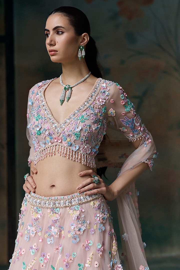 Pink Net Floral Embellished Bridal Bridal Lehenga Set by OPUS ATELIER at Pernia's Pop Up Shop