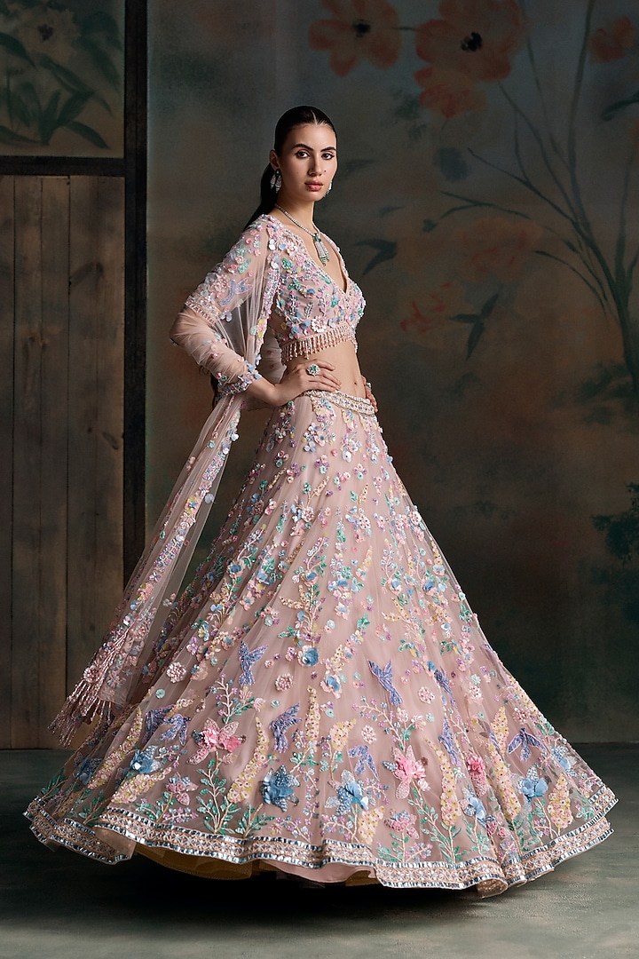 Pink Net Floral Embellished Bridal Bridal Lehenga Set by OPUS ATELIER at Pernia's Pop Up Shop