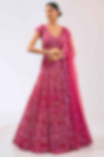 Hot Pink Tulle Net Hand Embroidered Bridal Lehenga Set by OPUS ATELIER at Pernia's Pop Up Shop