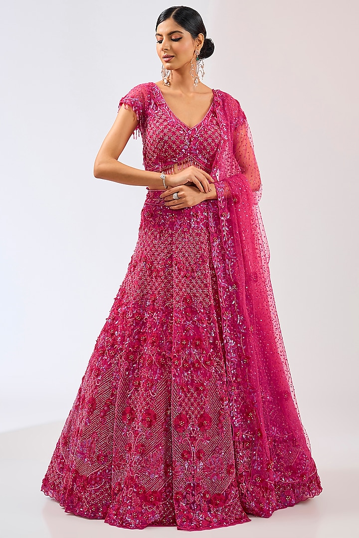 Hot Pink Tulle Net Hand Embroidered Bridal Lehenga Set by OPUS ATELIER at Pernia's Pop Up Shop