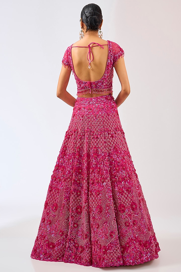 Hot Pink Tulle Net Hand Embroidered Bridal Lehenga Set by OPUS ATELIER at Pernia's Pop Up Shop