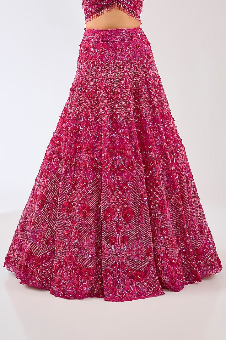 Hot Pink Tulle Net Hand Embroidered Bridal Lehenga Set by OPUS ATELIER at Pernia's Pop Up Shop