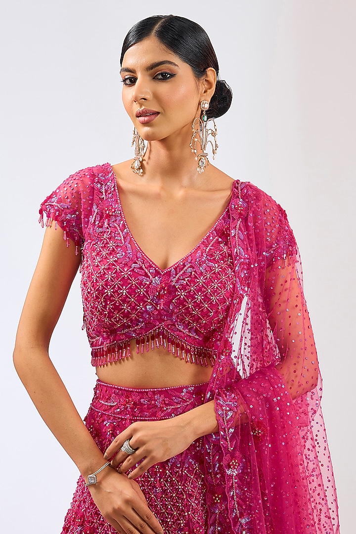 Hot Pink Tulle Net Hand Embroidered Bridal Lehenga Set by OPUS ATELIER at Pernia's Pop Up Shop